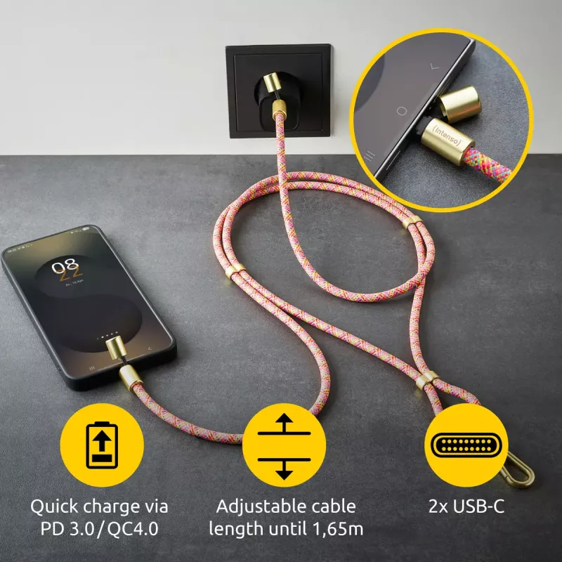 Intenso USB-C laadimisrihm telefoni kaelapaelakaabel 60W kiirlaadimine reguleeritava pikkusega 1,65m nailon mitmevärviline