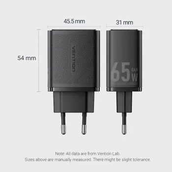 Vention FERW0-EU 65W sisetoitega kiirlaadija sülearvutile, nutitelefonile, tahvelarvutile, nutikellale, kõrvaklappidele, 2× USB-C, valge