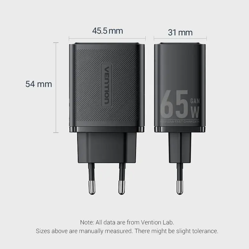 Vention FERW0-EU 65W sisetoitega kiirlaadija sülearvutile, nutitelefonile, tahvelarvutile, nutikellale, kõrvaklappidele, 2× USB-C, valge