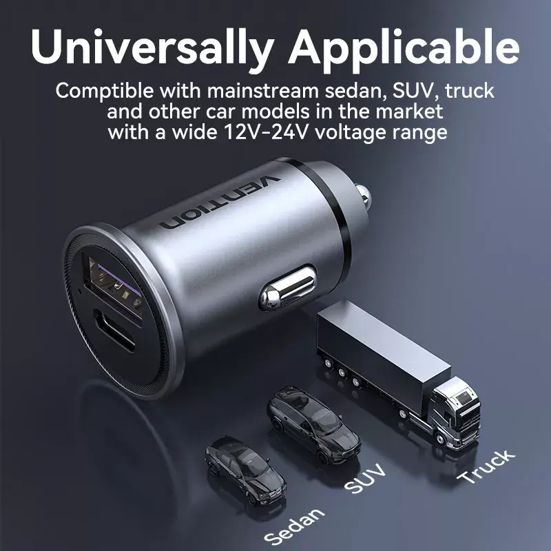 Autolaadija Vention kahe pordiga USB A+C (18/20) hall Mini stiilis alumiiniumsulamist