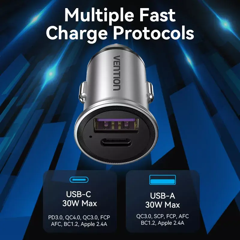 Autolaadija Vention kahe pordiga USB A+C (18/20) hall Mini stiilis alumiiniumsulamist