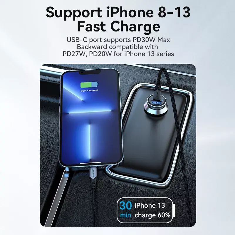 Autolaadija Vention kahe pordiga USB A+C (18/20) hall Mini stiilis alumiiniumsulamist