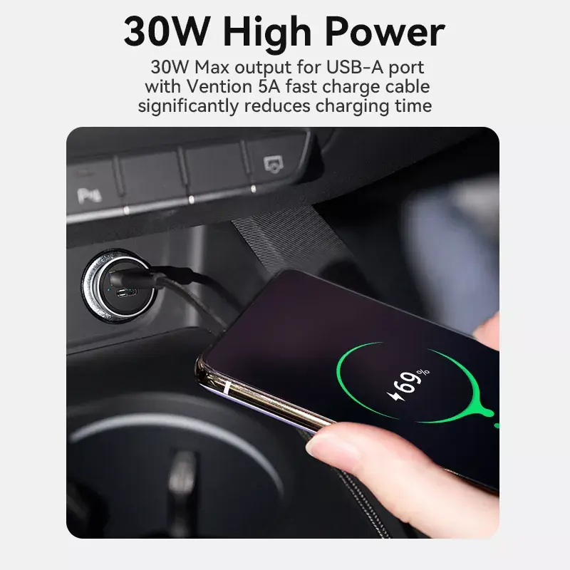 Autolaadija Vention kahe pordiga USB A+C (18/20) hall Mini stiilis alumiiniumsulamist