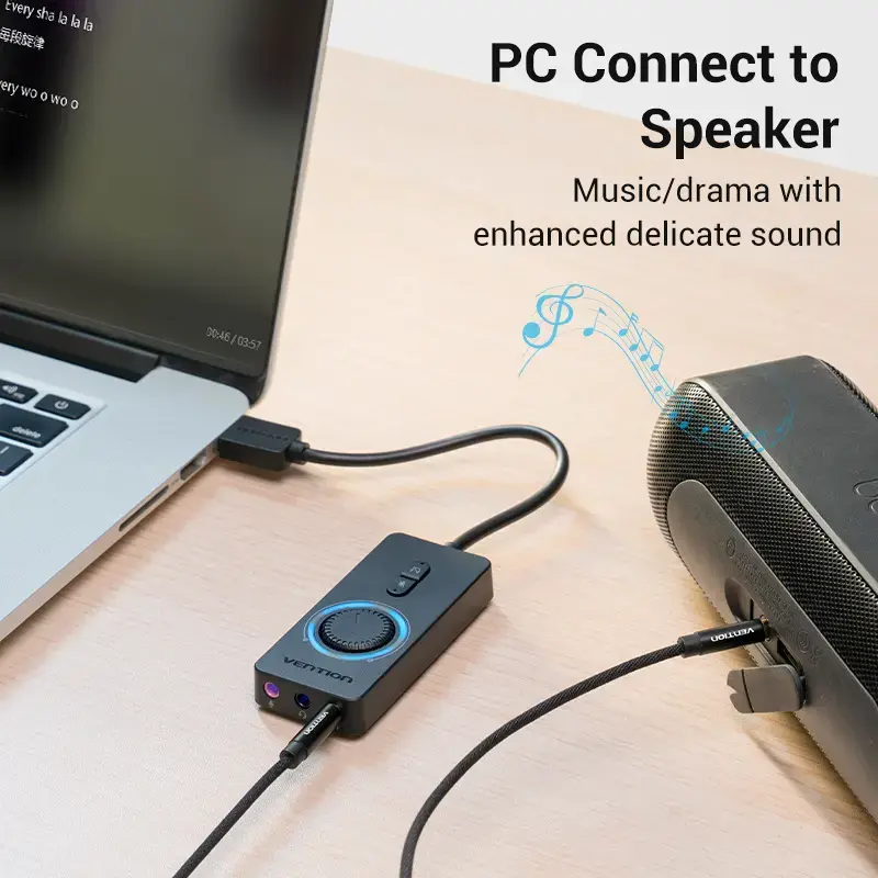 Vention USB 2.0 väline stereoadapter helitugevuse reguleerimisega 0,15 m must ABS