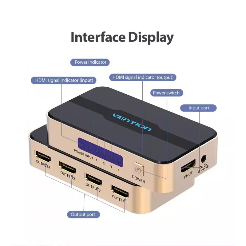 HDMI jaotur Vention 1 sisse 4 välja 4K@30Hz kuldne alumiiniumsulam