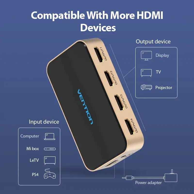 HDMI jaotur Vention 1 sisse 4 välja 4K@30Hz kuldne alumiiniumsulam