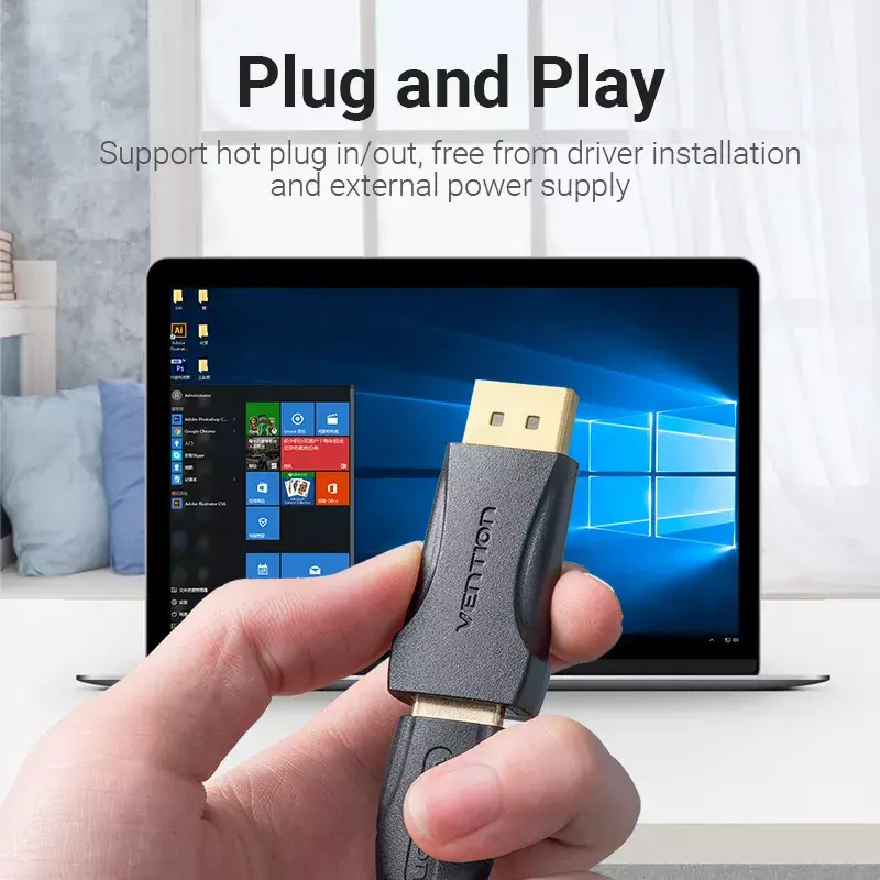 DisplayPort-HDMI-adapter Vention HBOB0, DisplayPort-isane–HDMI-emane, must, kullatud kontaktid