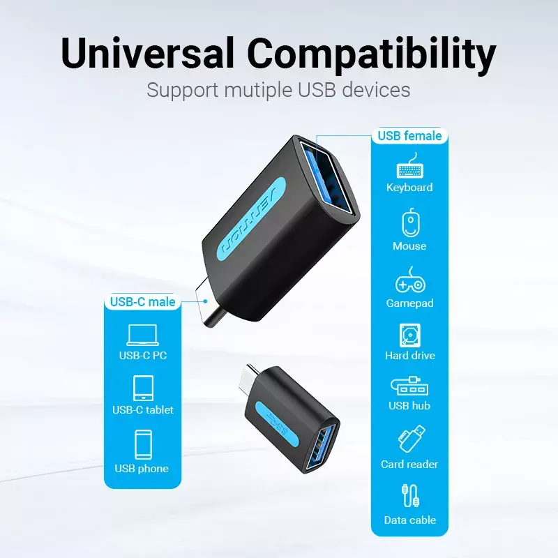 Vention USB-C to USB 3.0 OTG Adapter CDUB0 – USB-C isane USB-A emasele, must PVC, nikeldatud kontaktidega