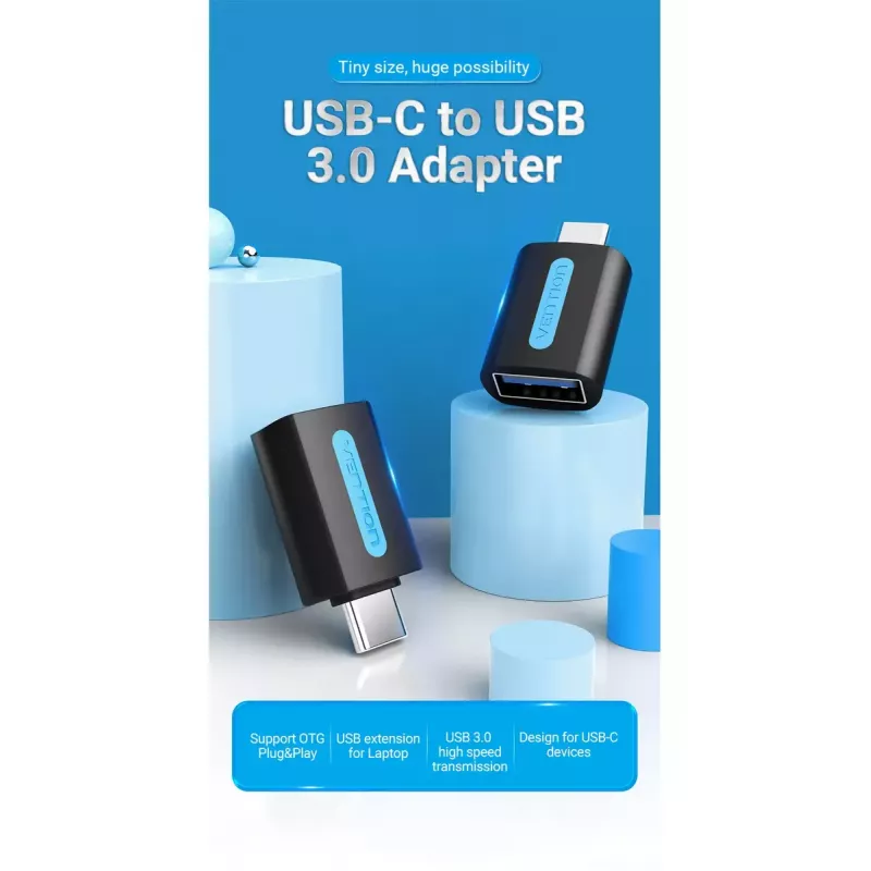 Vention USB-C to USB 3.0 OTG Adapter CDUB0 – USB-C isane USB-A emasele, must PVC, nikeldatud kontaktidega