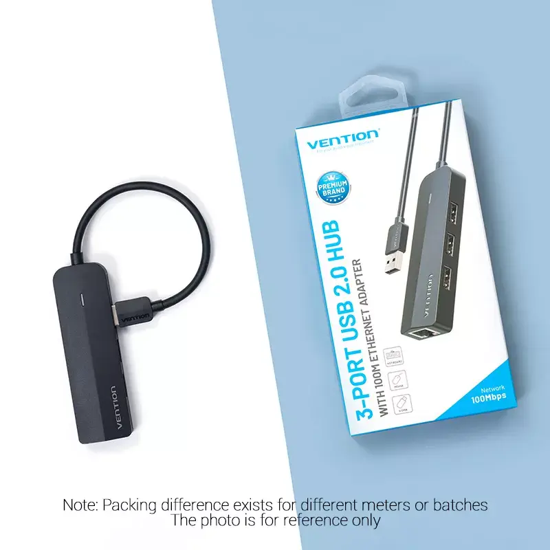 USB 2.0 jaotur Vention 3 pordiga ja 100M Etherneti adapteriga, USB 2.0 host, 4 porti, must