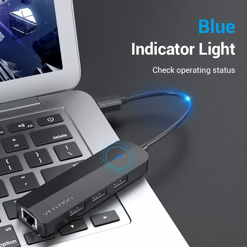USB 2.0 jaotur Vention 3 pordiga ja 100M Etherneti adapteriga, USB 2.0 host, 4 porti, must