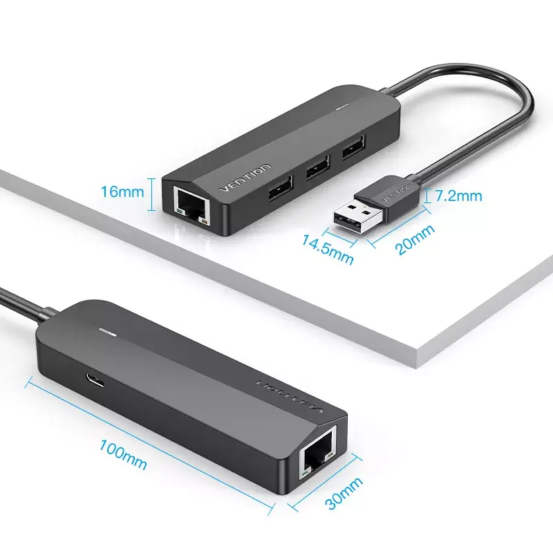 USB 2.0 jaotur Vention 3 pordiga ja 100M Etherneti adapteriga, USB 2.0 host, 4 porti, must