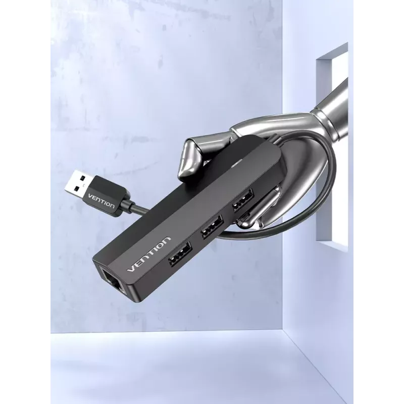 USB 2.0 jaotur Vention 3 pordiga ja 100M Etherneti adapteriga, USB 2.0 host, 4 porti, must
