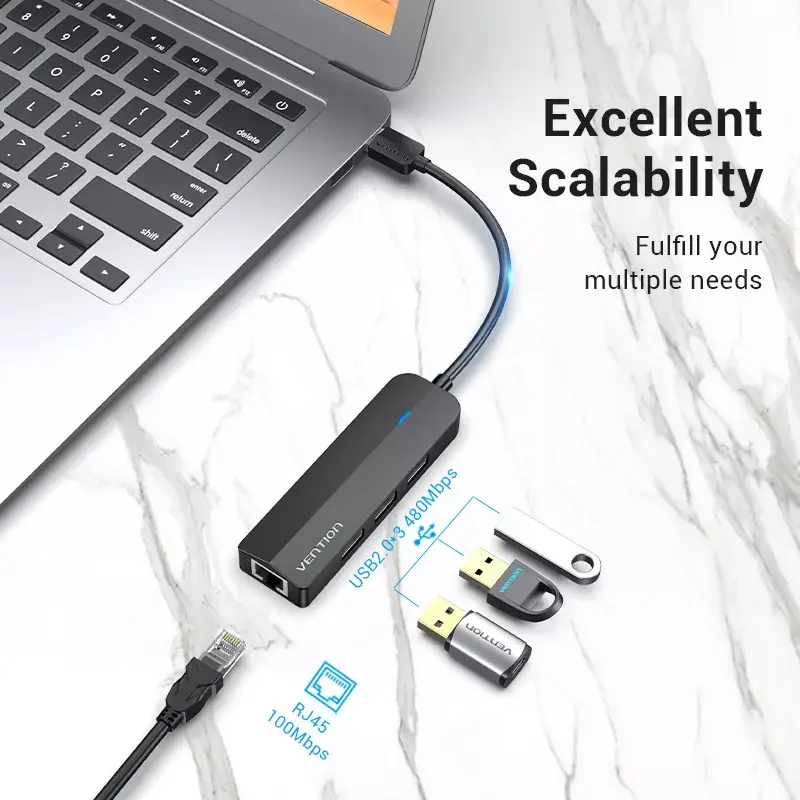 USB 2.0 jaotur Vention 3 pordiga ja 100M Etherneti adapteriga, USB 2.0 host, 4 porti, must