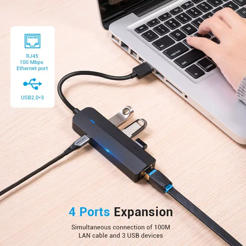 USB 2.0 jaotur Vention 3 pordiga ja 100M Etherneti adapteriga, USB 2.0 host, 4 porti, must