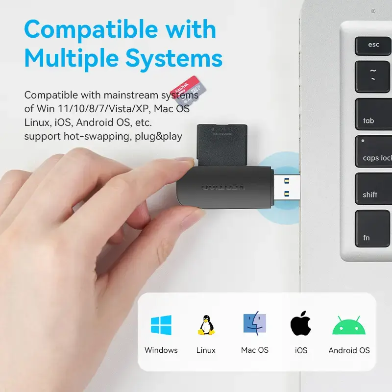 Vention 2-in-1 USB 3.2 Gen 1 (USB 3.0) kaardilugeja — SD ja MicroSD, must, kompaktne