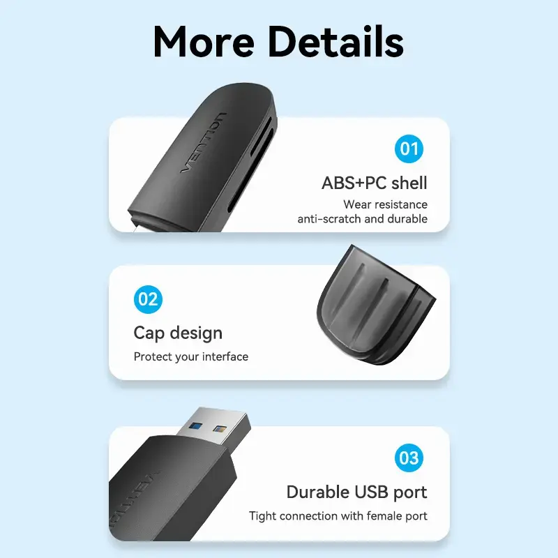 Vention 2-in-1 USB 3.2 Gen 1 (USB 3.0) kaardilugeja — SD ja MicroSD, must, kompaktne