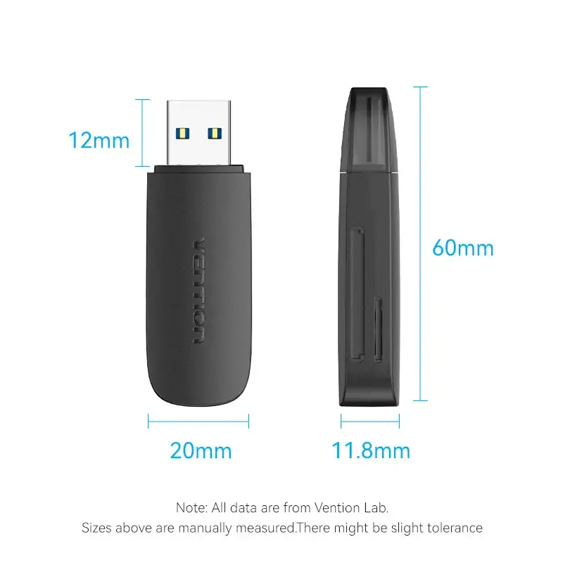 Vention 2-in-1 USB 3.2 Gen 1 (USB 3.0) kaardilugeja — SD ja MicroSD, must, kompaktne