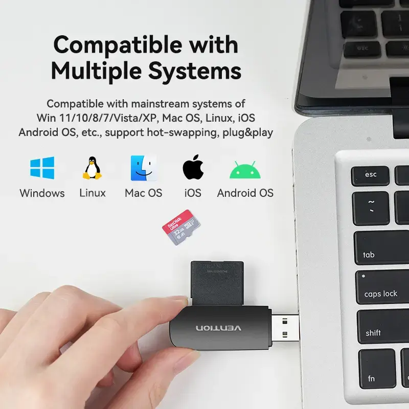 Vention 2-in-1 USB 3.0 A kaardilugeja SD+TF, USB 3.2 Gen 1, 5000 Mbit/s, must