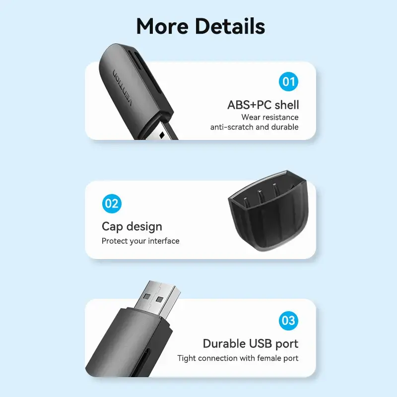 Vention 2-in-1 USB 3.0 A kaardilugeja SD+TF, USB 3.2 Gen 1, 5000 Mbit/s, must