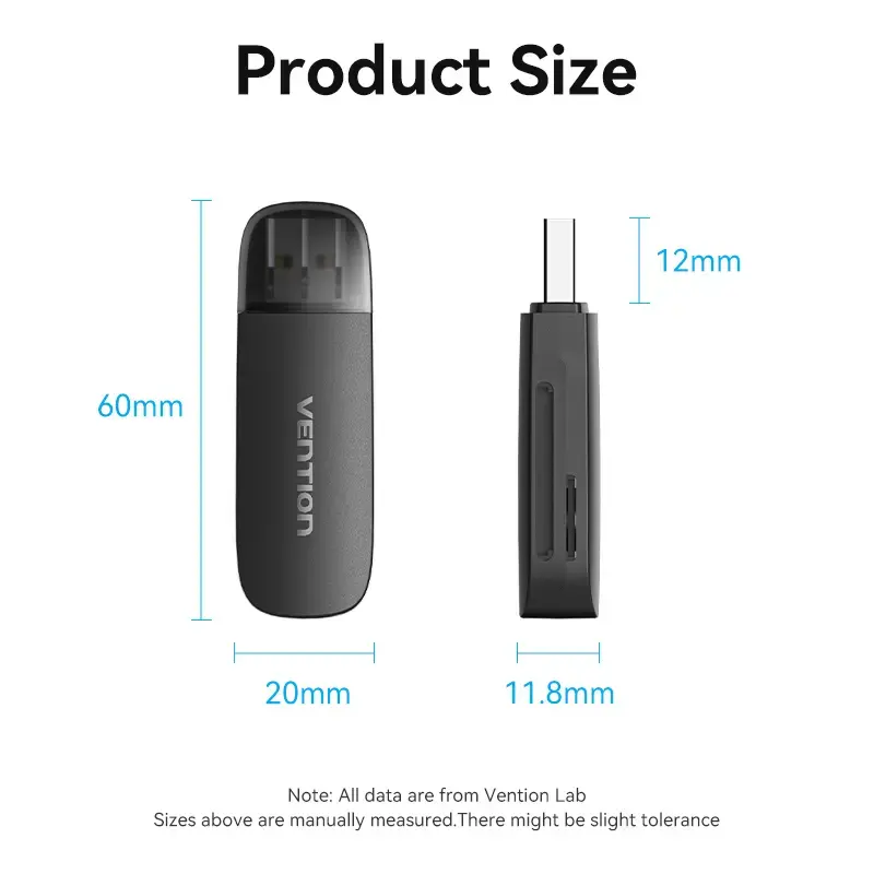 Vention 2-in-1 USB 3.0 A kaardilugeja SD+TF, USB 3.2 Gen 1, 5000 Mbit/s, must