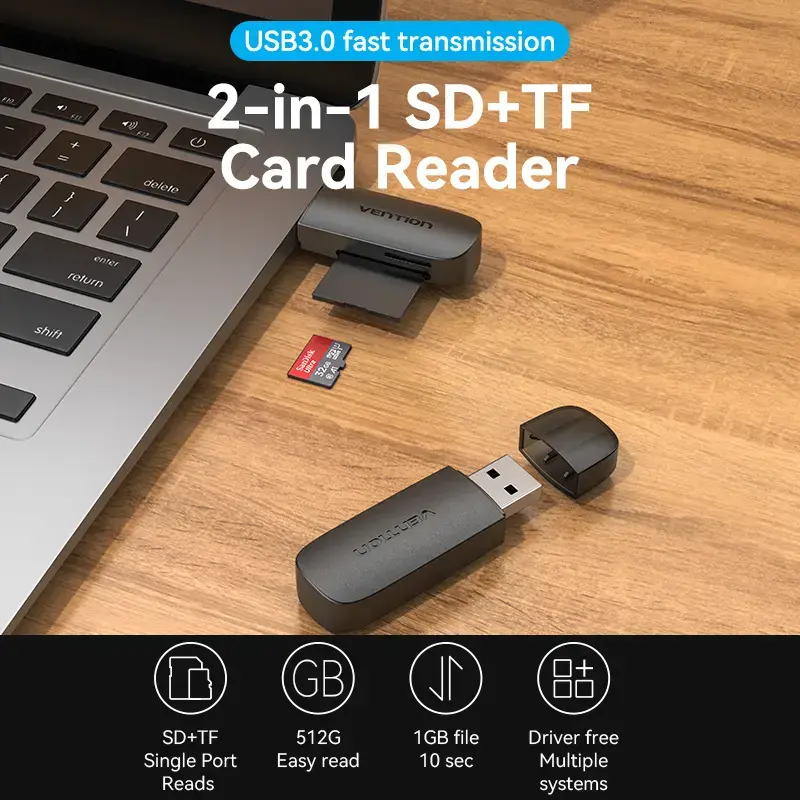 Vention 2-in-1 USB 3.0 A kaardilugeja SD+TF, USB 3.2 Gen 1, 5000 Mbit/s, must