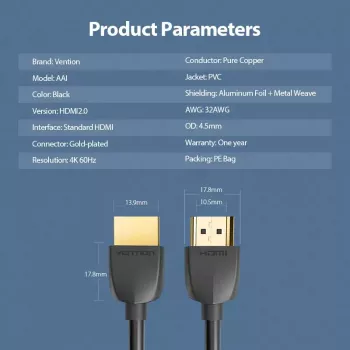 Vention Portable HDMI kaabel 1M Must 2.0 18 Gbit/s
