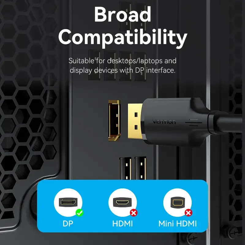 DisplayPort isane-isane kaabel Vention 1,5 m, 4K HD, must, 6 mm läbimõõt