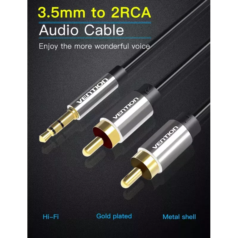 Audio kaabel Vention 3.5mm male to 2×RCA male, 1,5 m, alumiinium/must