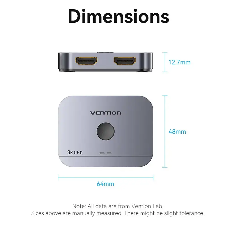 Vention 2-pordiline kahesuunaline 8K HDMI lüliti AKPH0, HDMI 2.1, 7680×4320@60Hz, USB-C toide, alumiinium, hall