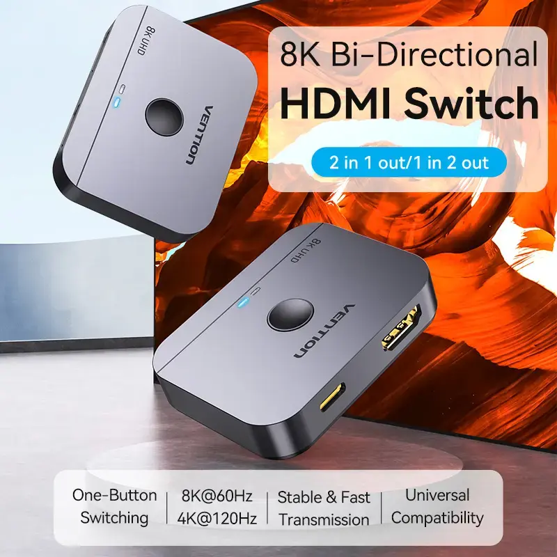 Vention 2-pordiline kahesuunaline 8K HDMI lüliti AKPH0, HDMI 2.1, 7680×4320@60Hz, USB-C toide, alumiinium, hall