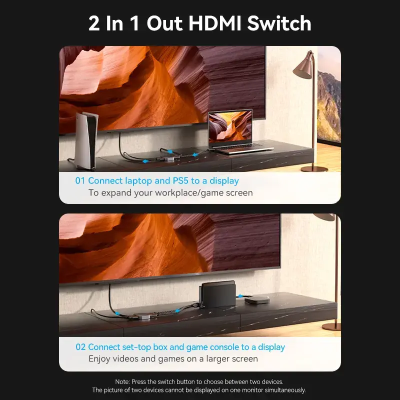 Vention 2-pordiline kahesuunaline 8K HDMI lüliti AKPH0, HDMI 2.1, 7680×4320@60Hz, USB-C toide, alumiinium, hall