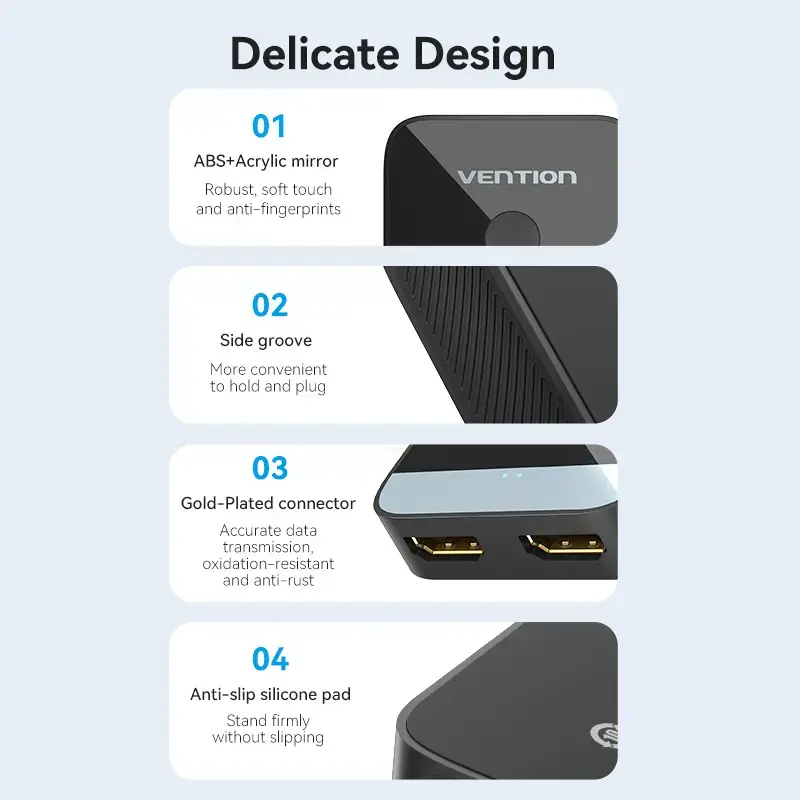 HDMI 2-pordiline kahesuunaline 4K-lüliti Vention AKOB0 — 3 HDMI-porti, 3840×2160@60Hz, ABS, Plug and Play