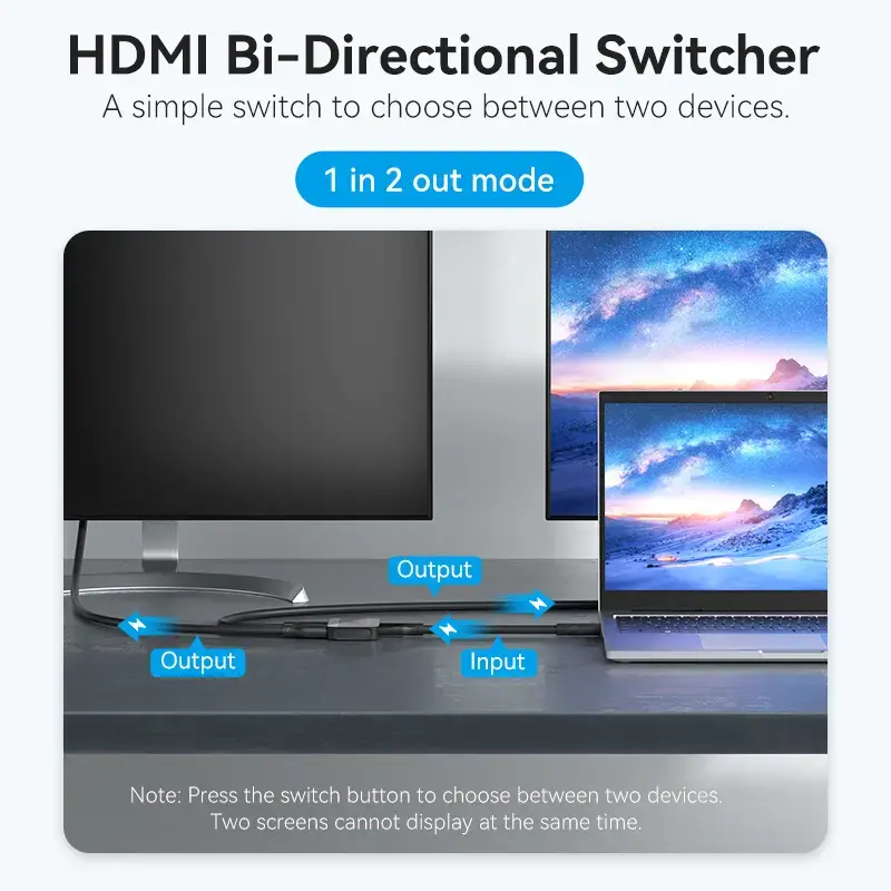 HDMI 2-pordiline kahesuunaline 4K-lüliti Vention AKOB0 — 3 HDMI-porti, 3840×2160@60Hz, ABS, Plug and Play