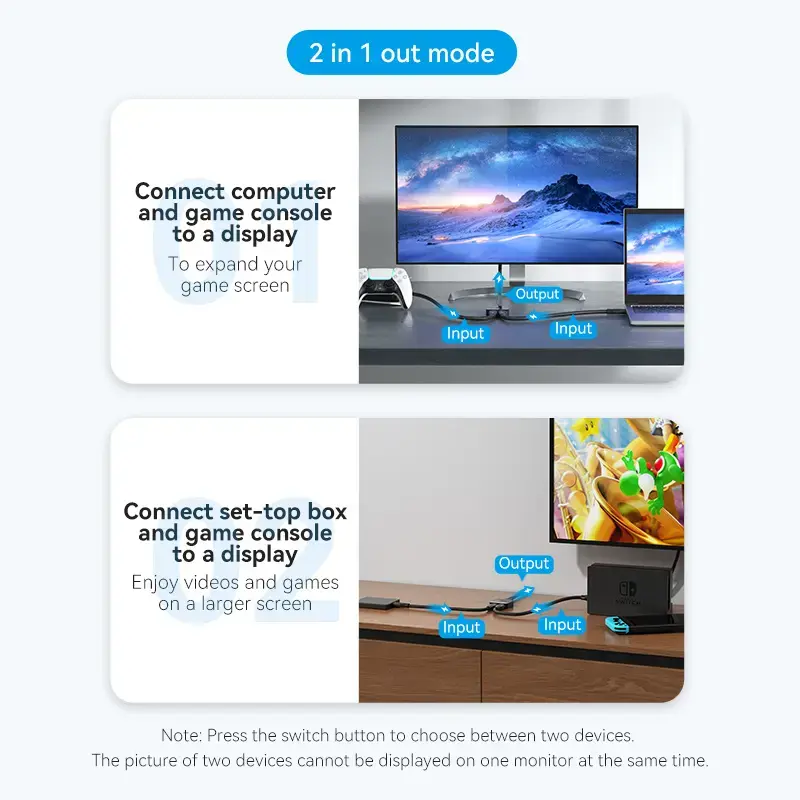 HDMI 2-pordiline kahesuunaline 4K-lüliti Vention AKOB0 — 3 HDMI-porti, 3840×2160@60Hz, ABS, Plug and Play