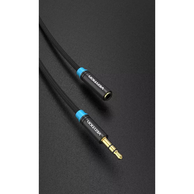 Audio pikenduskaabel Vention 3.5 mm 1.5 m, isane-pistikust emasesse, puuvillapõimikuga, must metalne viimistlus