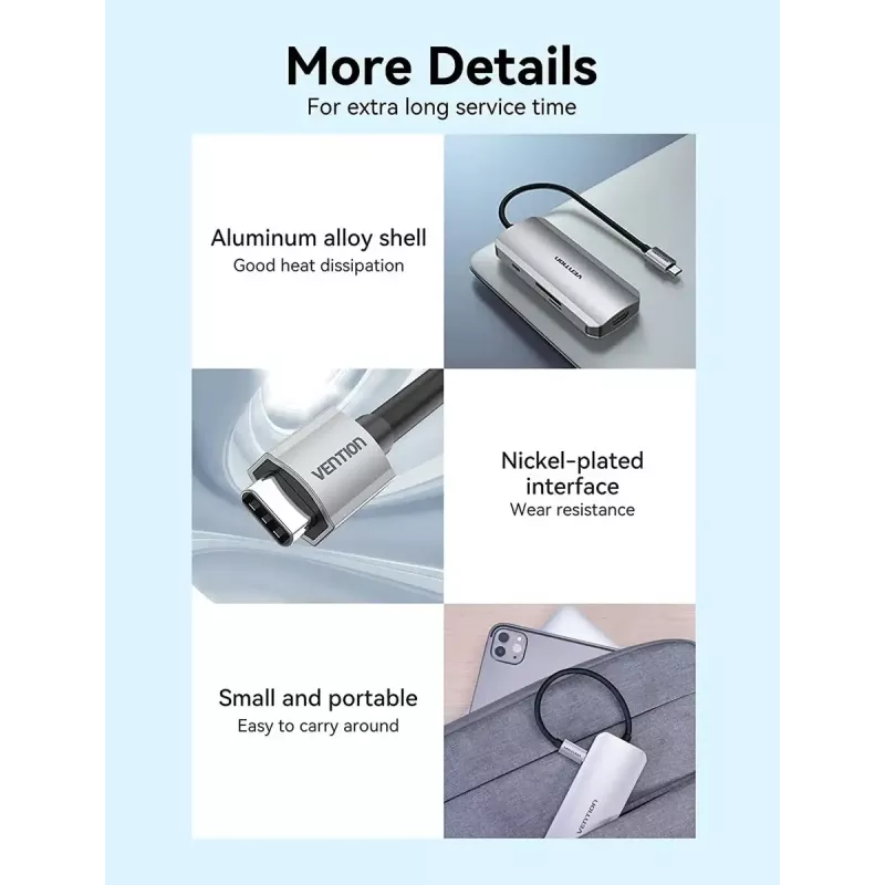 Vention USB-C dokkimisjaam, HDMI, USB 3.0x3, SD, TF, PD 100W, hall