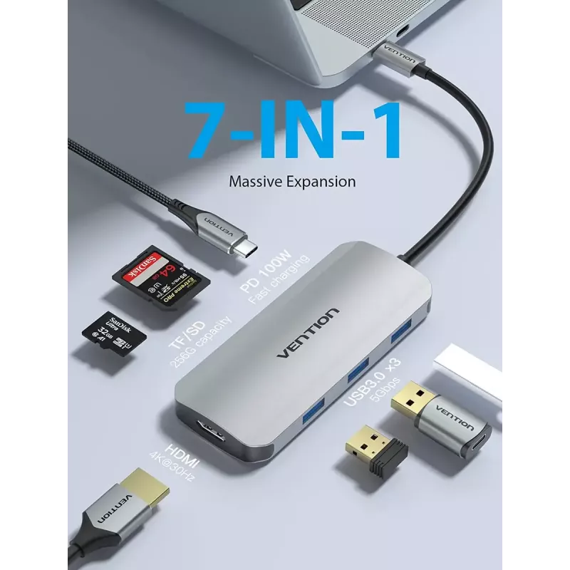 Vention USB-C dokkimisjaam, HDMI, USB 3.0x3, SD, TF, PD 100W, hall