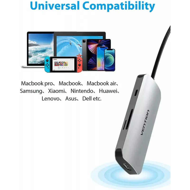 Vention USB-C dokkimisjaam, HDMI, USB 3.0x3, SD, TF, PD 100W, hall