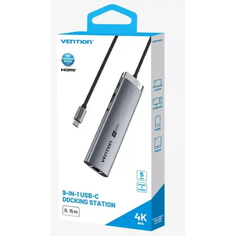 Dokkimisjaam Vention 9-in-1 USB-C TGVHB — RJ-45, HDMI 4K@60Hz, USB 3.2 Gen1, SD/MicroSD, 1x USB-C