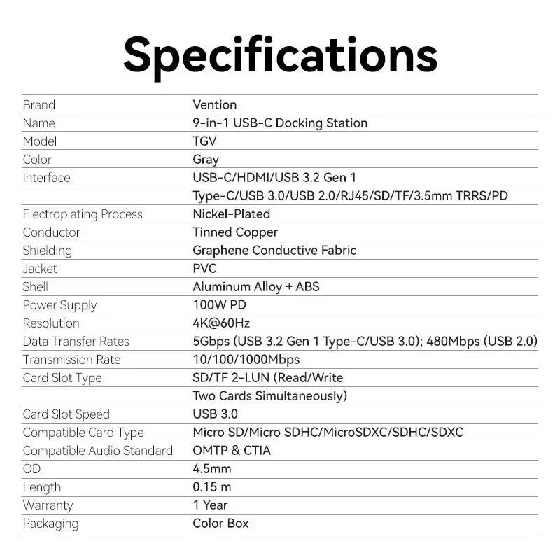 Dokkimisjaam Vention 9-in-1 USB-C TGVHB — RJ-45, HDMI 4K@60Hz, USB 3.2 Gen1, SD/MicroSD, 1x USB-C