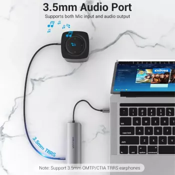 Dokkimisjaam Vention mitmeotstarbeline USB-C HDMI-le USB3.0x3 RJ45 SD TF TRRS 3,5 mm PD 0,15 m hall alumiiniumsulam