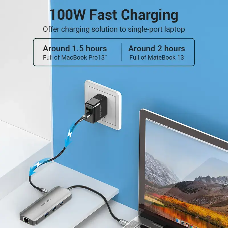 Dokkimisjaam Vention mitmeotstarbeline USB-C HDMI-le USB3.0x3 RJ45 SD TF TRRS 3,5 mm PD 0,15 m hall alumiiniumsulam