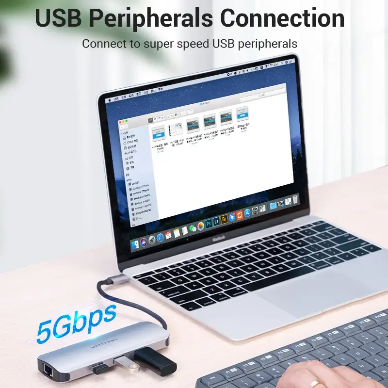 Dokkimisjaam Vention mitmeotstarbeline USB-C HDMI-le USB3.0x3 RJ45 SD TF TRRS 3,5 mm PD 0,15 m hall alumiiniumsulam