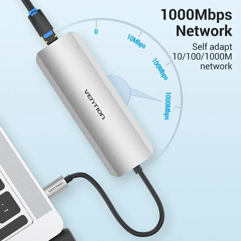 Dokkimisjaam Vention mitmeotstarbeline USB-C HDMI-le USB3.0x3 RJ45 SD TF TRRS 3,5 mm PD 0,15 m hall alumiiniumsulam