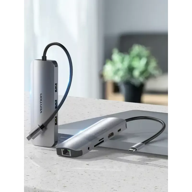 Dokkimisjaam Vention mitmeotstarbeline USB-C HDMI-le USB3.0x3 RJ45 SD TF TRRS 3,5 mm PD 0,15 m hall alumiiniumsulam