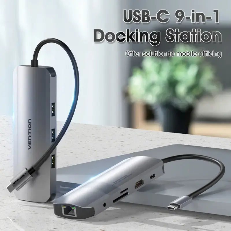 Dokkimisjaam Vention mitmeotstarbeline USB-C HDMI-le USB3.0x3 RJ45 SD TF TRRS 3,5 mm PD 0,15 m hall alumiiniumsulam