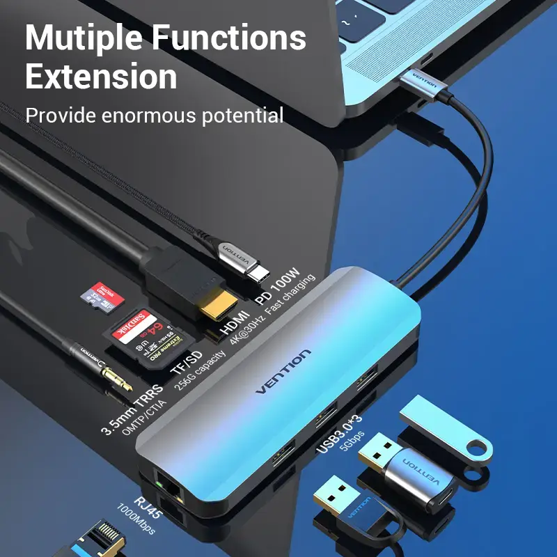 Dokkimisjaam Vention mitmeotstarbeline USB-C HDMI-le USB3.0x3 RJ45 SD TF TRRS 3,5 mm PD 0,15 m hall alumiiniumsulam