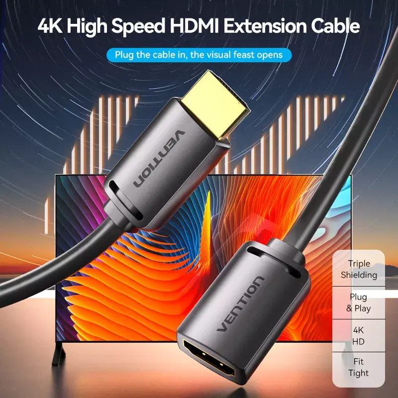 HDMI-kaabel Vention HDMI-A isane HDMI-A emasele 2 m, HDMI 2.0 18 Gbit/s, 4K, kullatud pistikutega, must