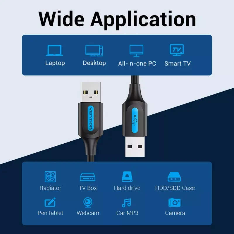 USB 2.0 A–A kaabel Vention 2 m, must PVC, USB A USB A-le, 0,48 Gbit/s